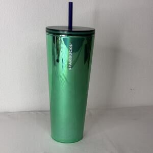 Starbucks 24 oz Green Iridescent Metallic Cold Cup Tumbler Reusable Lid Straw